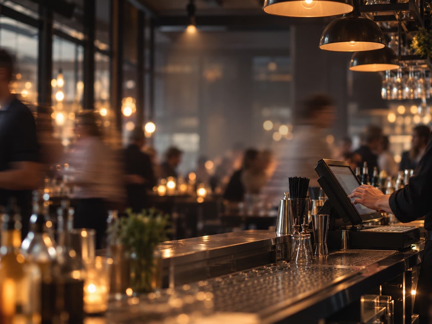 Barman rekent af op de kassa tijdens een drukke dienst